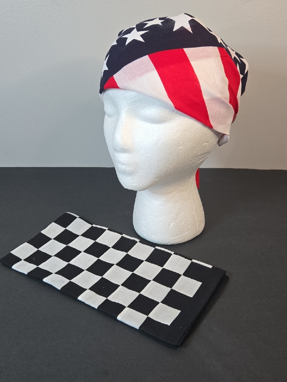 100% Cotton 21" Square American Flag & Checkered Bandana Headwrap Neck Scarf